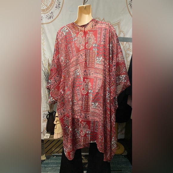 NWT AMERICAN EAGLE Red FLORAL Short SLEEVE Long KIMONO Boho DUSTER Cardigan XS/S - Picture 5 of 7